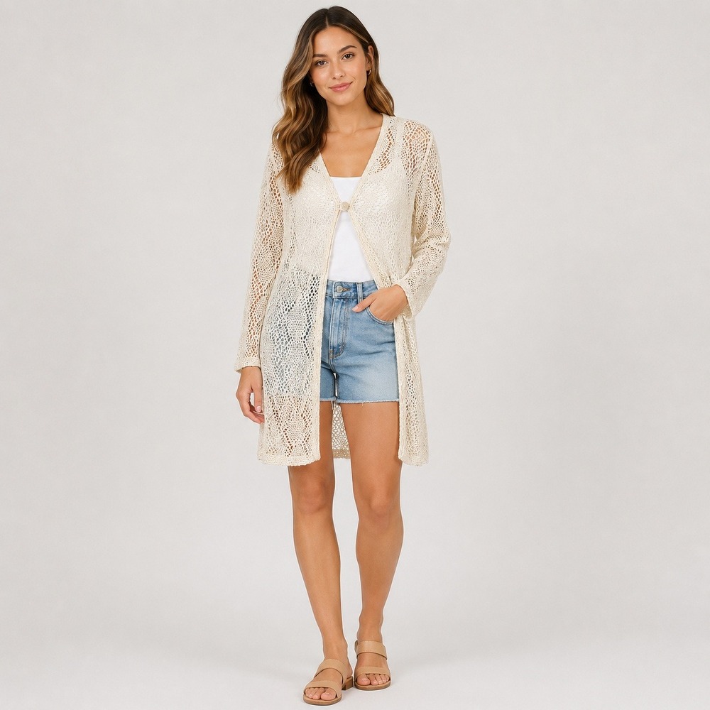 Cream Open Knit Sheer Lace Long Sleeve Duster Cardigan Boho Festival Hippie